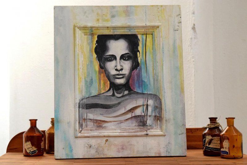Gemälde handgemalt 80er Vintage Bild Frau Wandbild 53 x 44cm Groß Dame Moderne Kunst