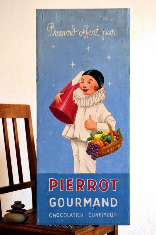 Bild handgemalt Cafe Reklame Pierrot Schokolade Werbung Alt Teakholz Vintage Antik