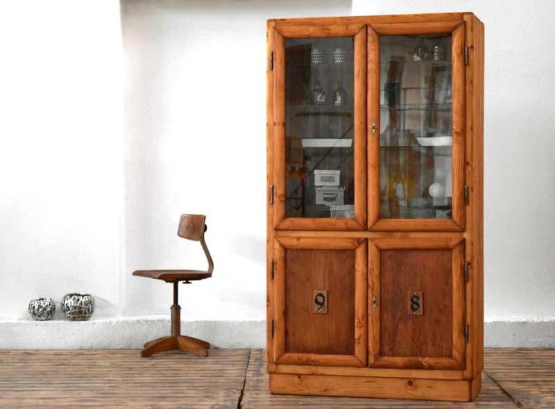 Vitrinenschrank Holz Alt Apothekerschrank Antik Vintage Vitrine Art Deco Glas Groß
