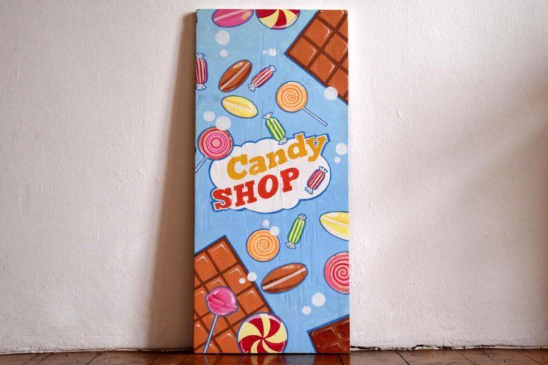 Bild handgemalt Cafe Reklame Candy Shop Werbung Vintage Groß 82 x 36cm Süßigkeiten