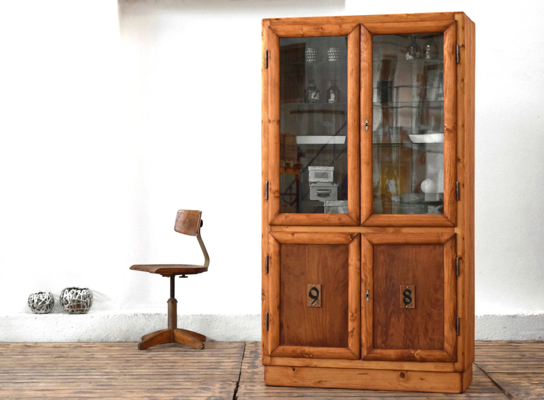 Vitrinenschrank Holz Alt Apothekerschrank Antik Vintage Vitrine Art Deco Glas Groß
