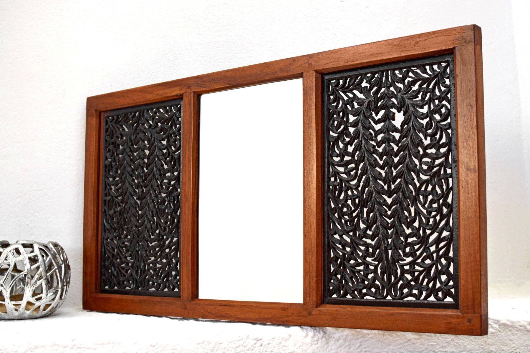Spiegel Jali Work Antik Alt Vintage Teak Holz Musharabi geschnitzt Indien Kolonial