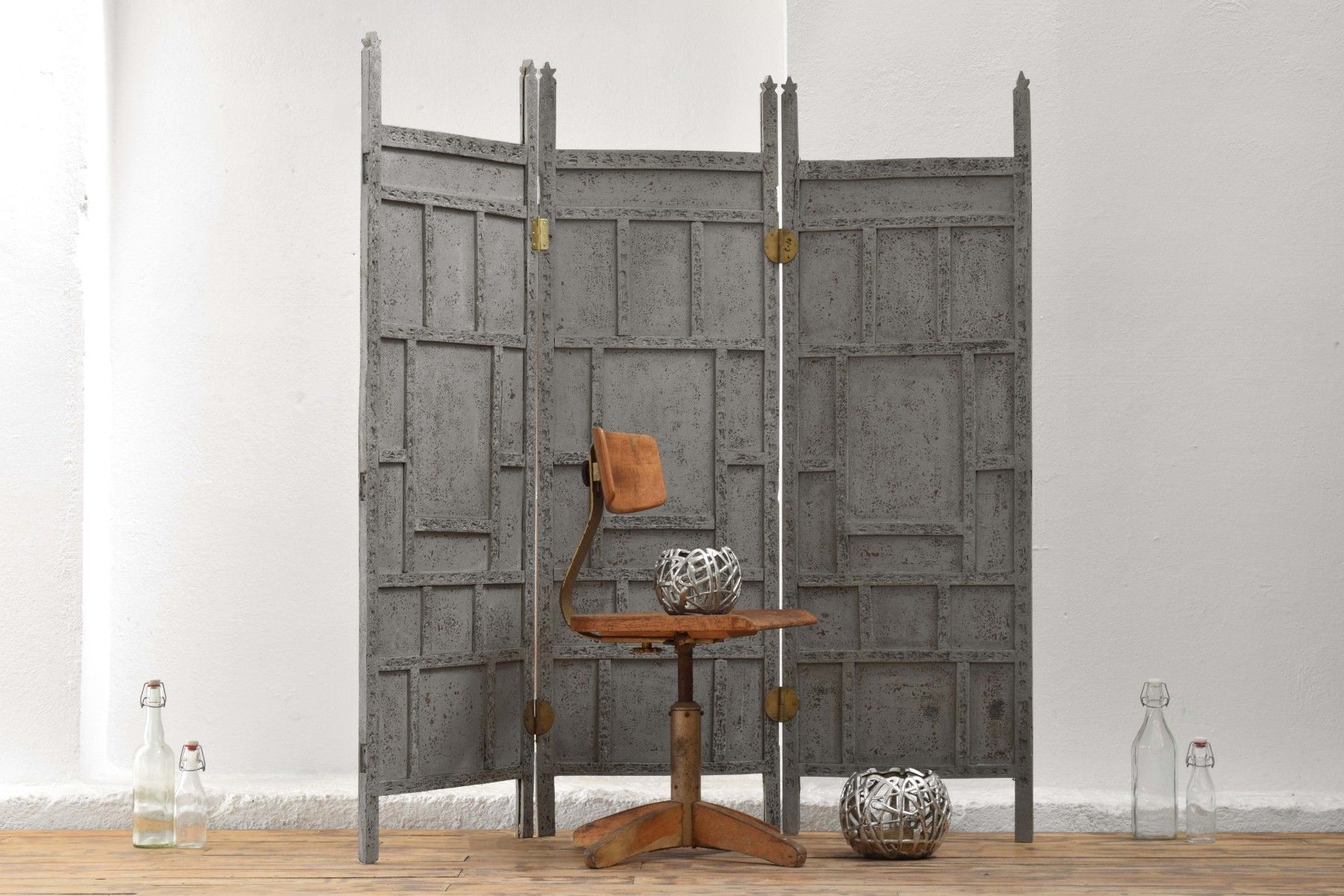 Paravent Raumteiler Antik Grau Alt Teak Holz Vintage Shabby 3 teilig Spanische Wand