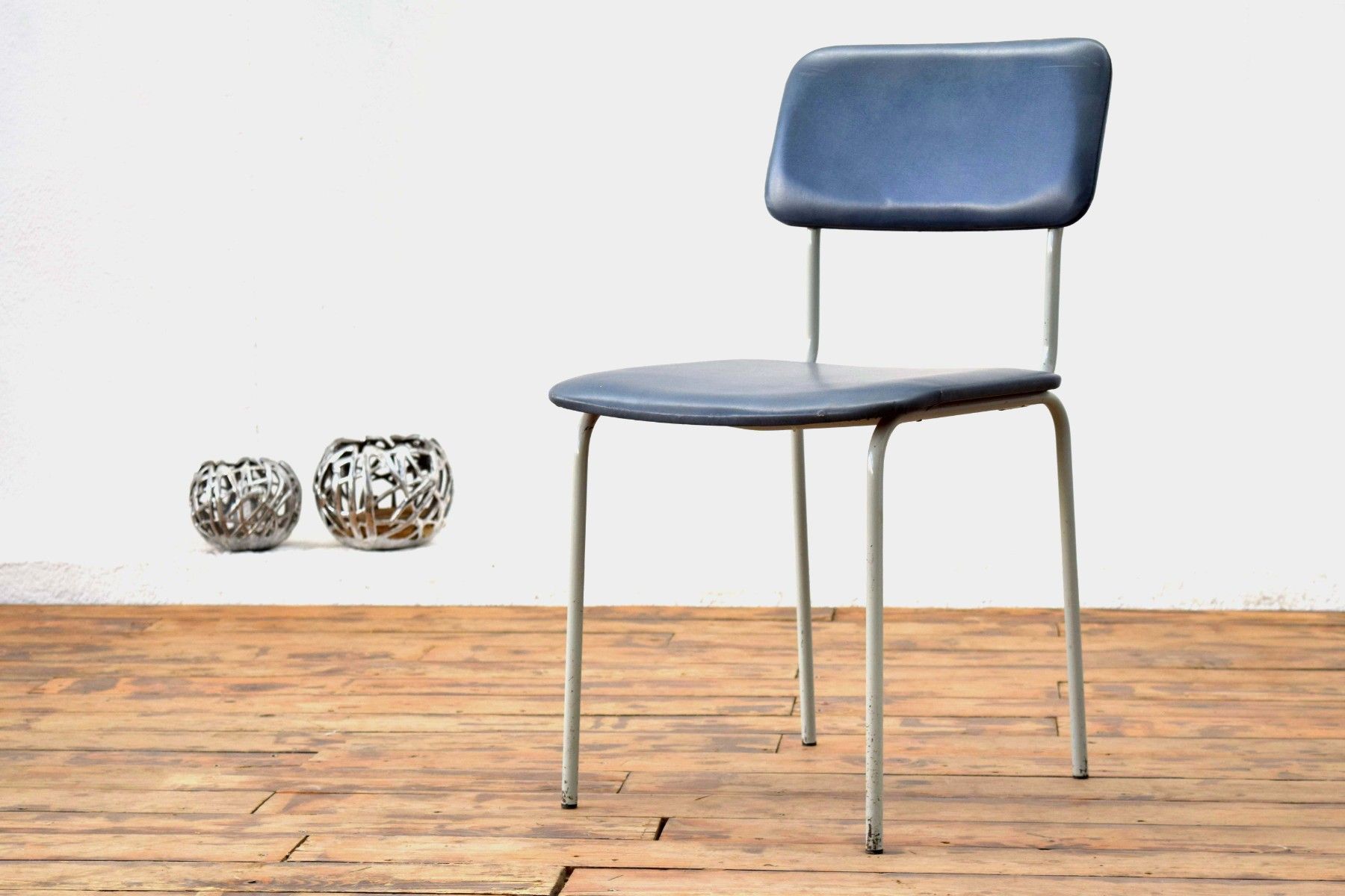 Stuhl Mid Century Antik Danish Design Alt Vintage Blau gepolstert Stahlrohr 60er Loft