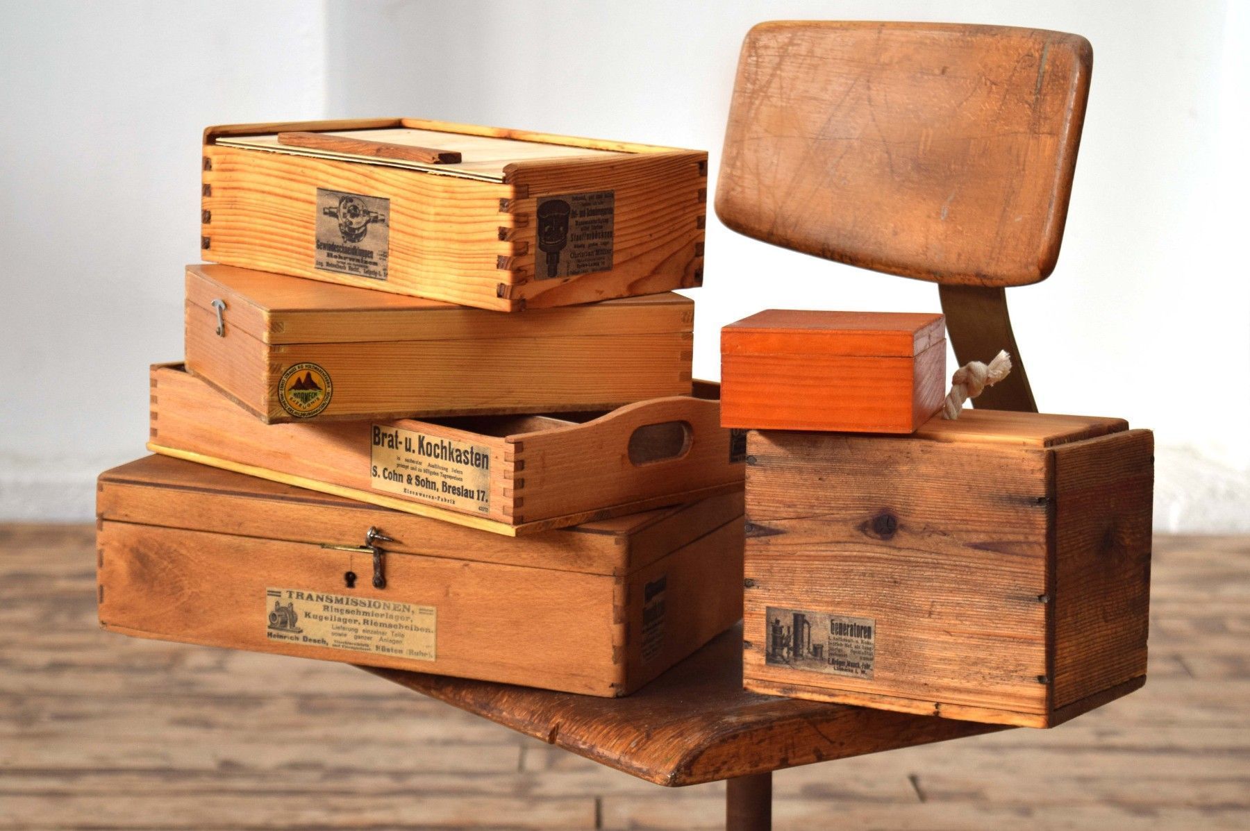 Set 6 x Kiste mit Deckel Holz Antik Alt Vintage Shabby Kasten Büro Kontor Loft