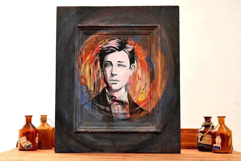 Gemälde handgemalt Arthur Rimbaud Vintage Bild Wandbild 52 x 44cm Teak Holz