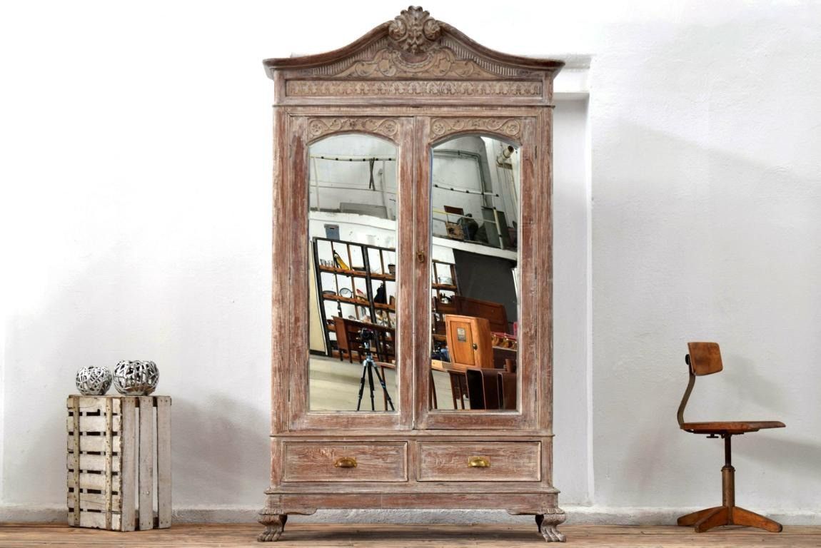 Schrank Kleiderschrank mit Spiegel Antik Shabby Alt Vintage Groß Teak Holz Loft Weiß
