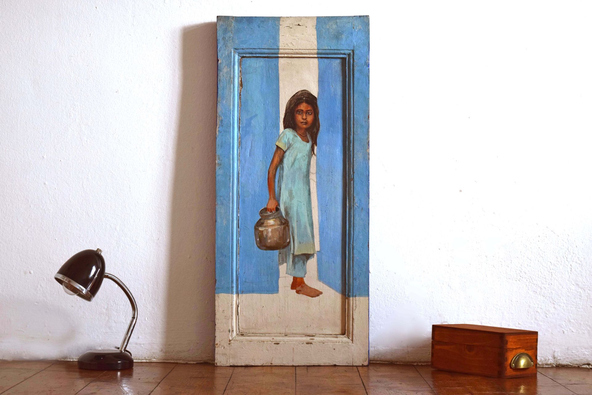 Gemälde handgemalt Mädchen in Kalkutta Vintage Bild Indien Wandbild 84x36cm Teak Holz