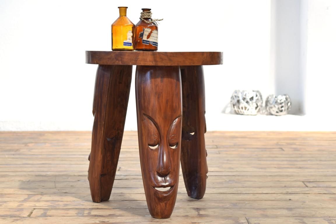 Beistelltisch Aborigines Rund Vintage Teak Holz Alt Antik Maske Gesicht geschnitzt