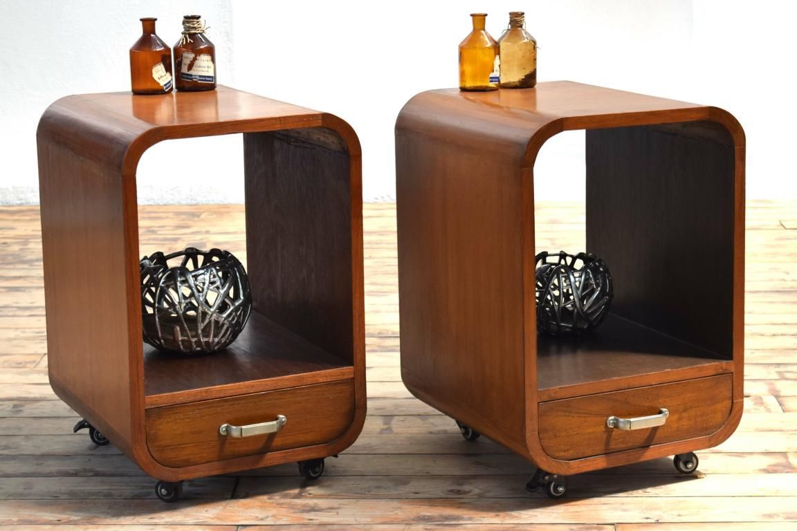 1 von 2 Beistelltisch Antik Bauhaus Vintage Teak Holz Art Deco Alt Regal Sideboard