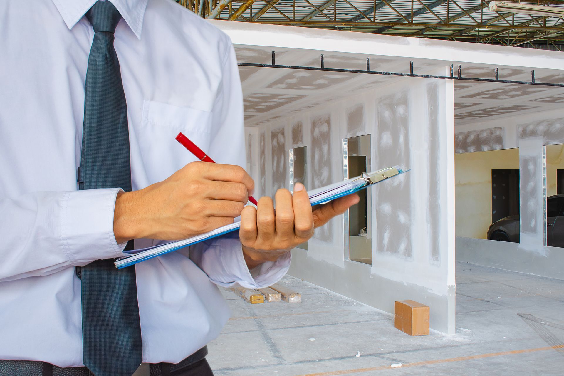 Foundation inspection represented by a male engineer reviewing notes in industrial background. Foundation inspection represented by a male engineer reviewing notes in industrial background.