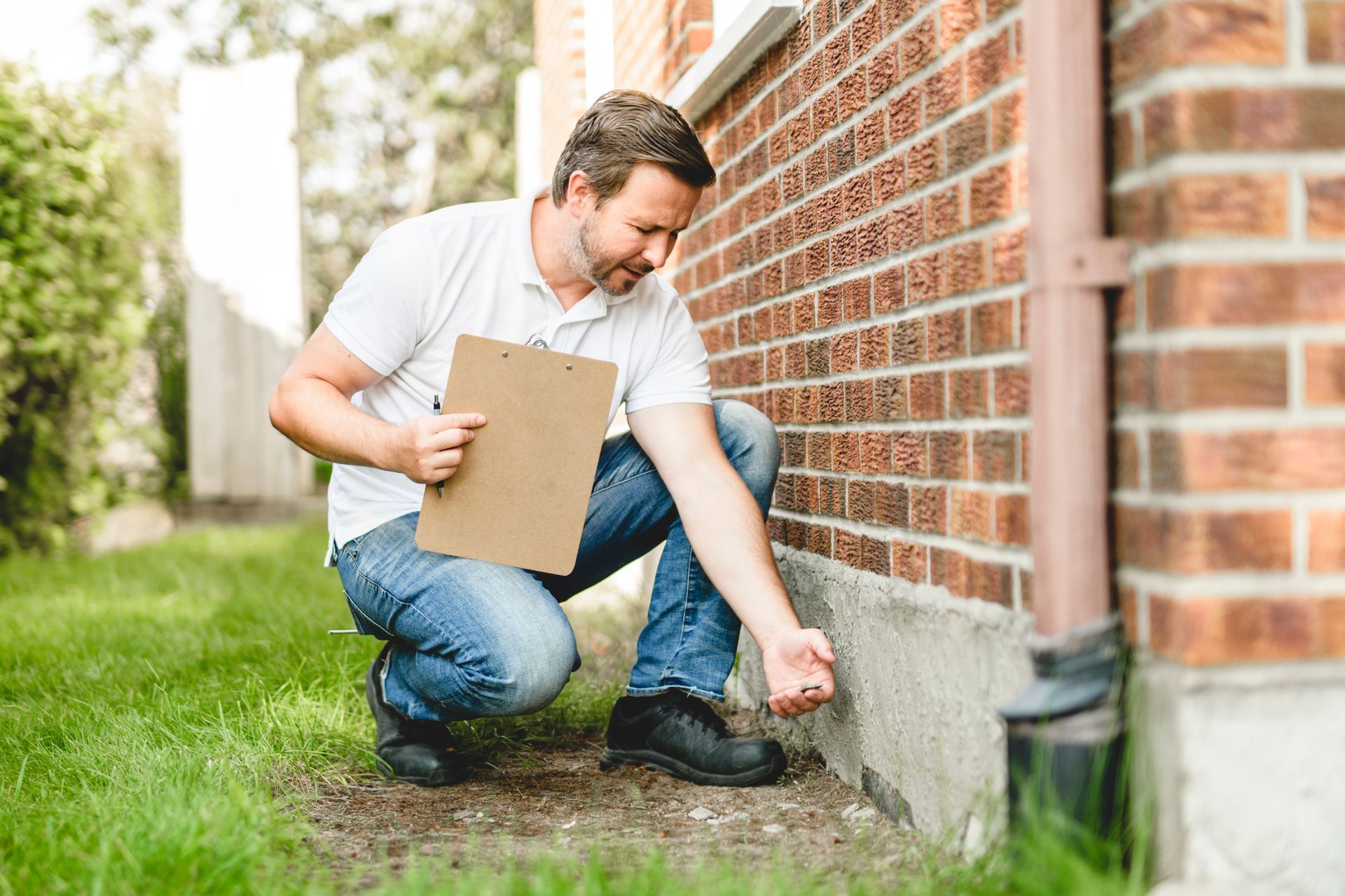 An inspector is checking the foundation of a house.