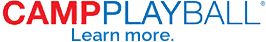 A logo for camp playball that says learn more