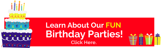 A red banner with a birthday cake and candles on it, with text that says 