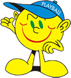 A yellow smiley face wearing a blue hat that says playball.