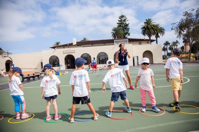 A group of children are standing in circles on a court.