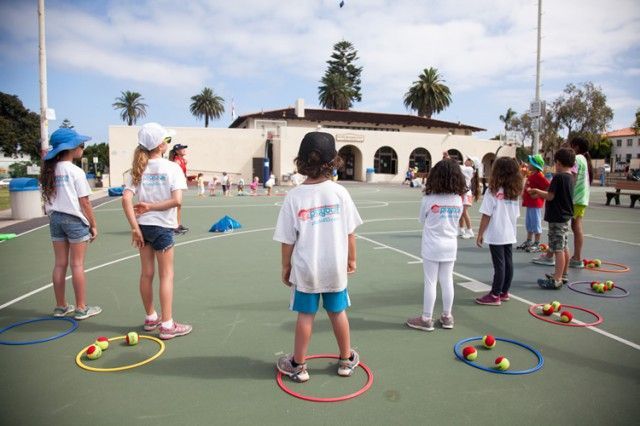 A group of children are standing in circles on a tennis court.