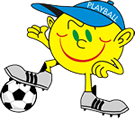 smiley face man character is wearing a blue hat and kicking a soccer ball.