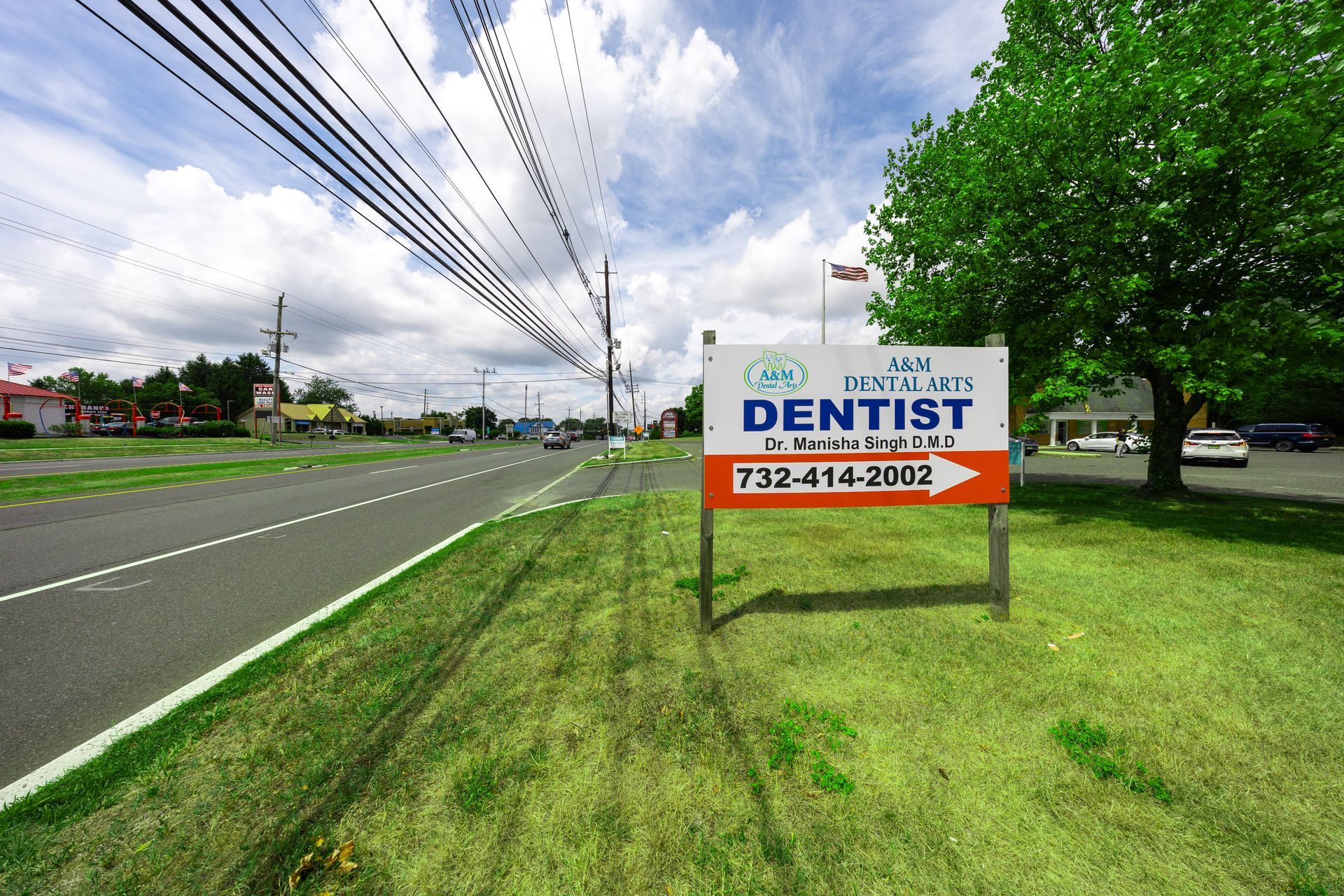 Sign for a dentist office, on a green lawn beside a road with power lines and a cloudy sky.