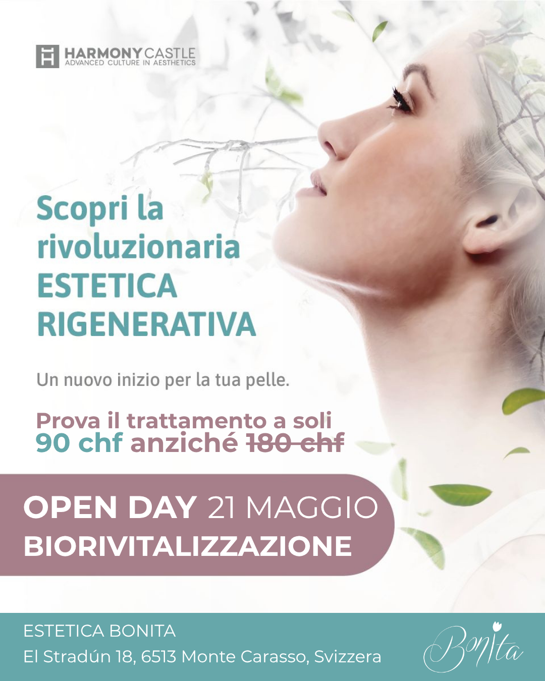 Pubblicità estetica rigenerativa: volto femminile, “Open Day 21 Maggio”, sconto 90 CHF anziché 180 CHF