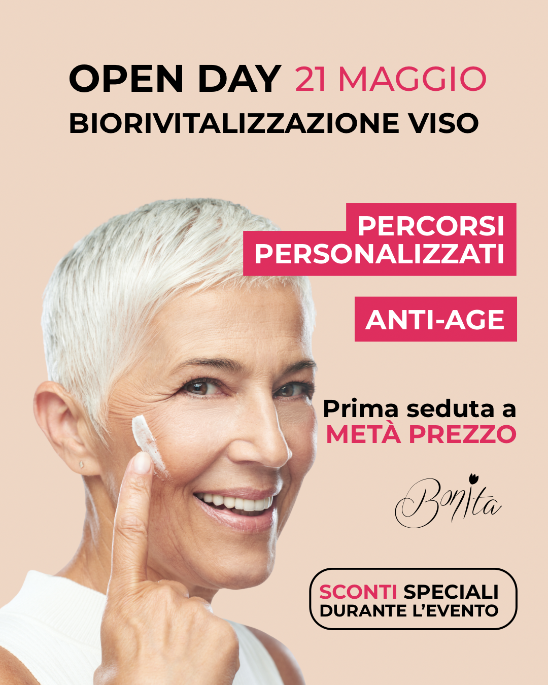Promozione Open Day per biovitalizzazione viso con sconti speciali e percorsi personalizzati su sfondo rosa.