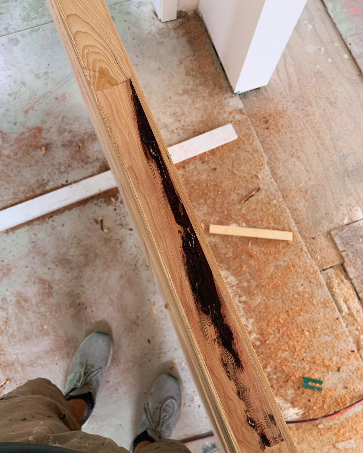 A wooden beam on a construction site with a long, dark, splintered cavity caused by termite damage.