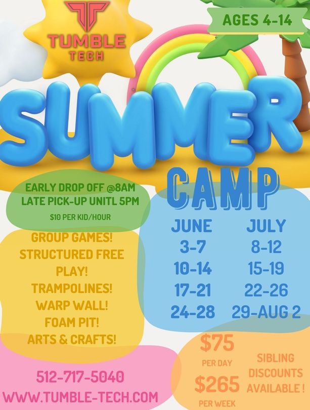Tumble Tech summer Camp. Trampolines, foam pit, kids activities, parkour, kids ninja course 