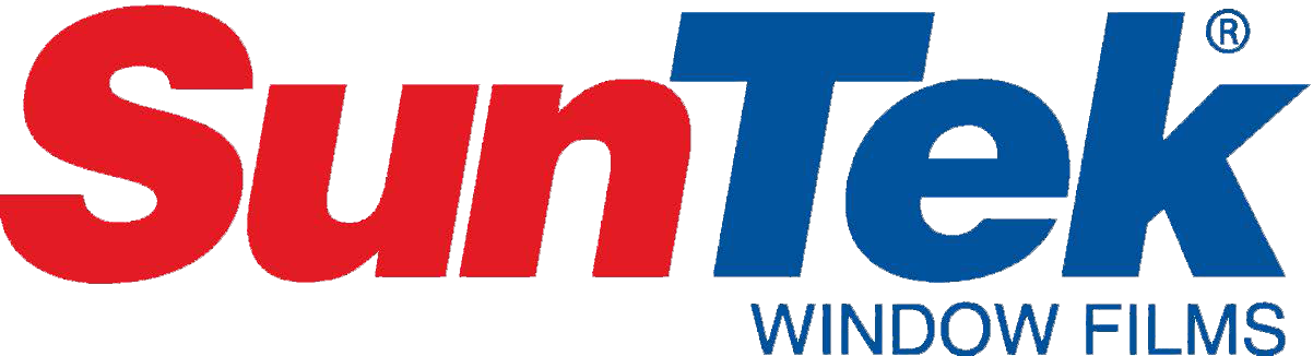 a red and blue logo for suntek window films
