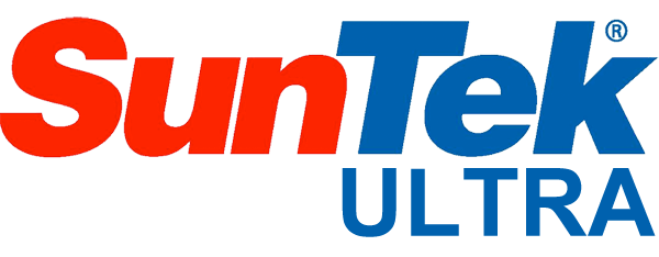 a blue and red suntek ultra logo on a white background