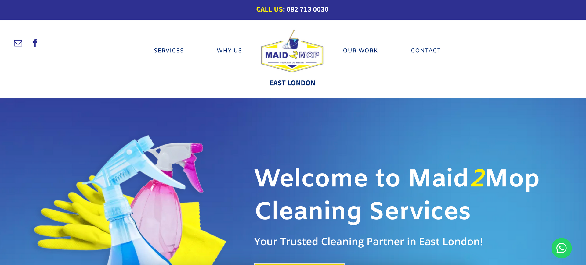 A screenshot of a website for maid 2 mop cleaning services
