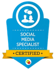 A blue badge that says social media specialist certified