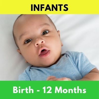 A close-up of an infant wearing a blue onesie, with 