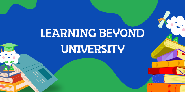 A banner for learning beyond university with a stack of books and a cloud.