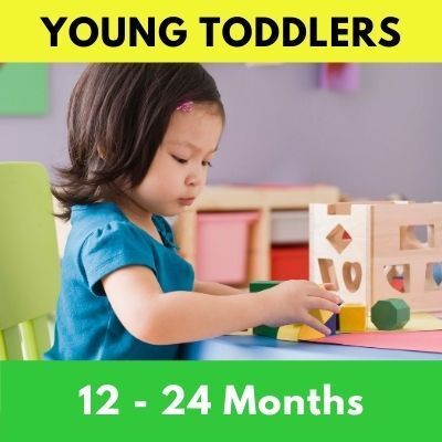 Young toddler playing with shape sorter and blocks, indoors. Text: 