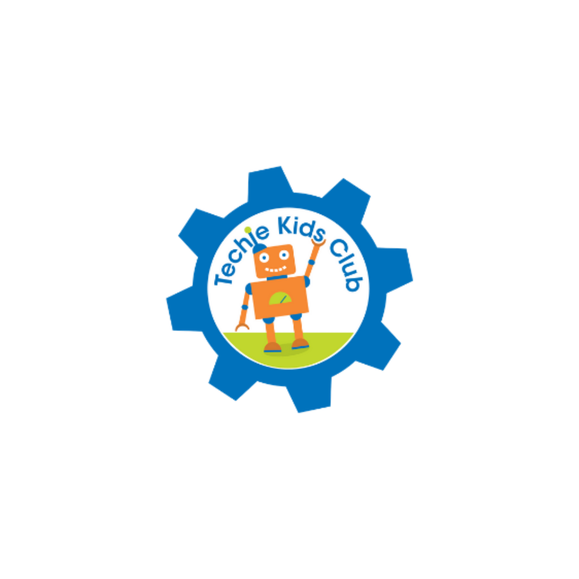 Logo for Techie Kids Club: A blue gear with a robot waving on a green field, the text