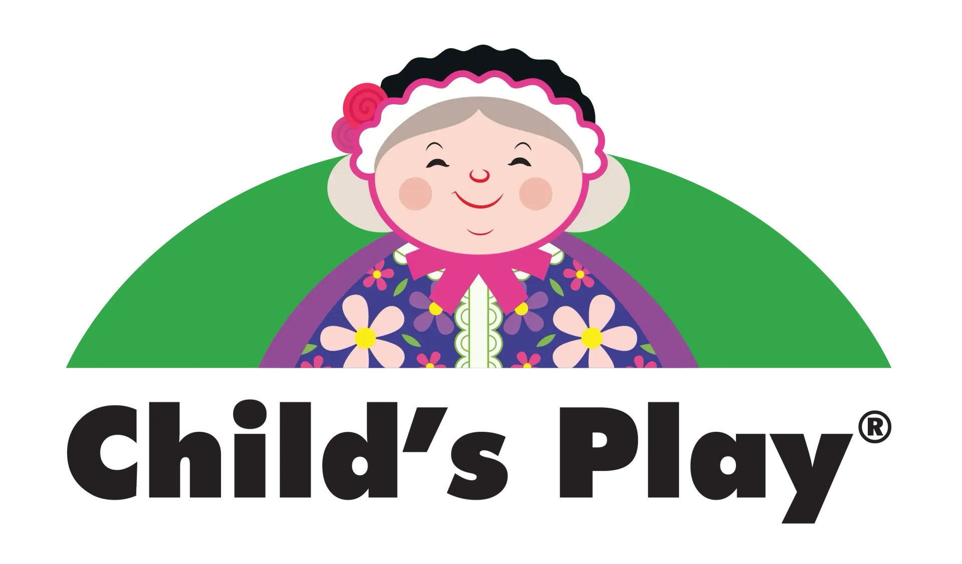 A child 's play logo with a smiling doll on a green background.