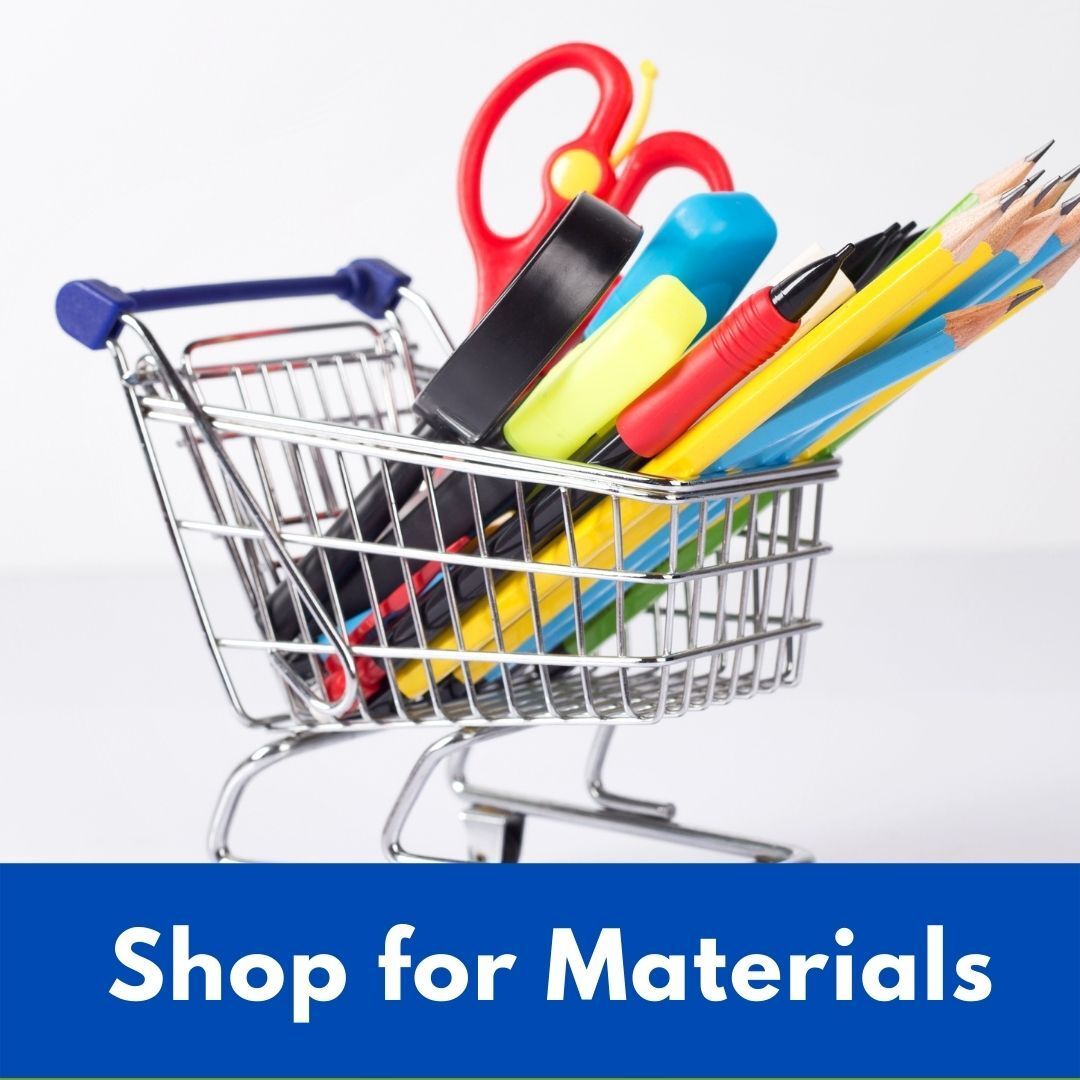 A mini shopping cart overflowing with school supplies: scissors, tape, highlighters, and pencils; text 