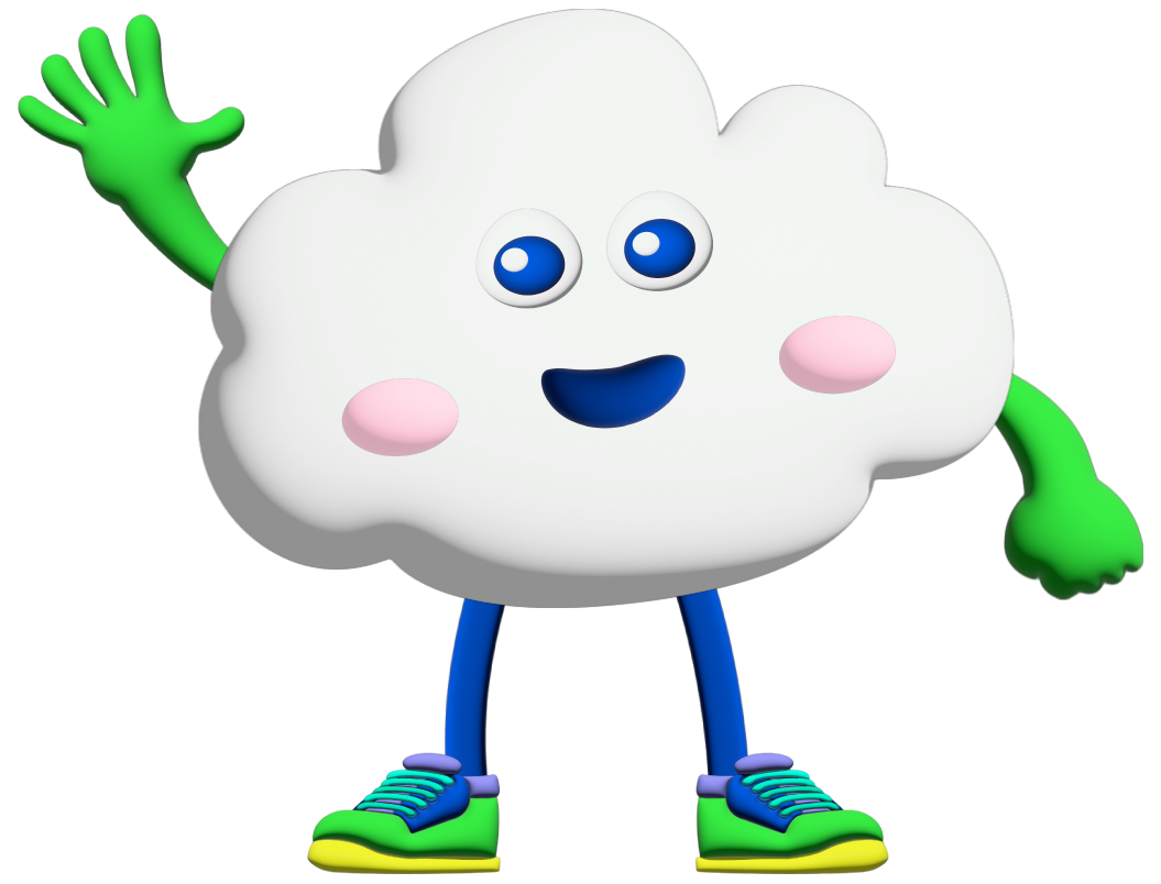 Cartoon cloud with a smiling face, blue eyes, pink cheeks, and green arms and legs, waving.