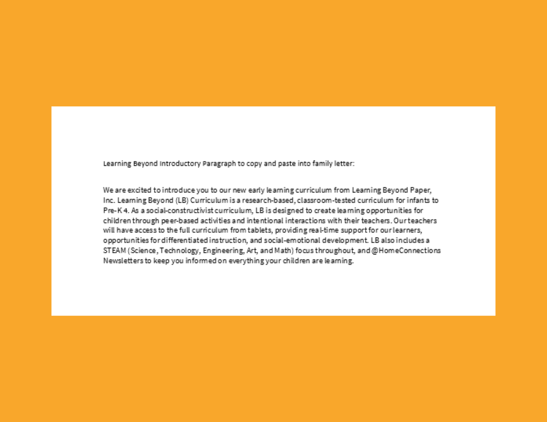 Text on a white rectangle against an orange background: a welcome message from Learning Beyond Papers, Inc. regarding its curriculum.