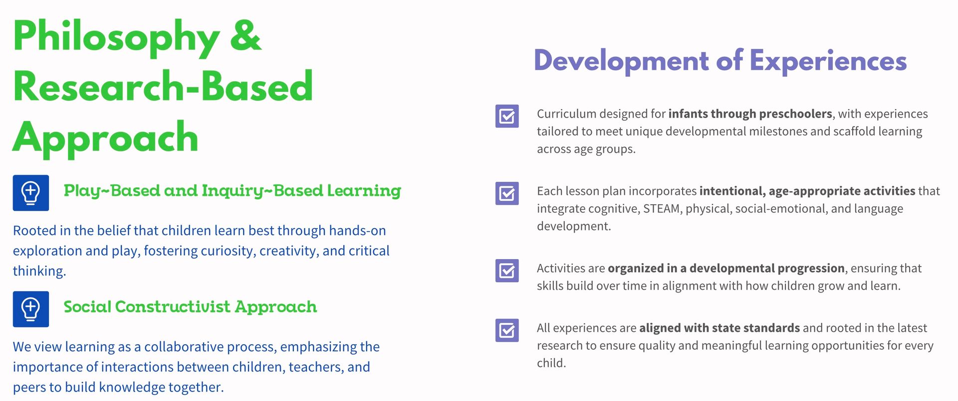 A page that says philosophy and research-based approach and development of experiences