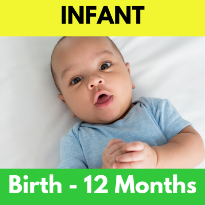 A baby is laying on a bed with the words infant birth - 12 months below it