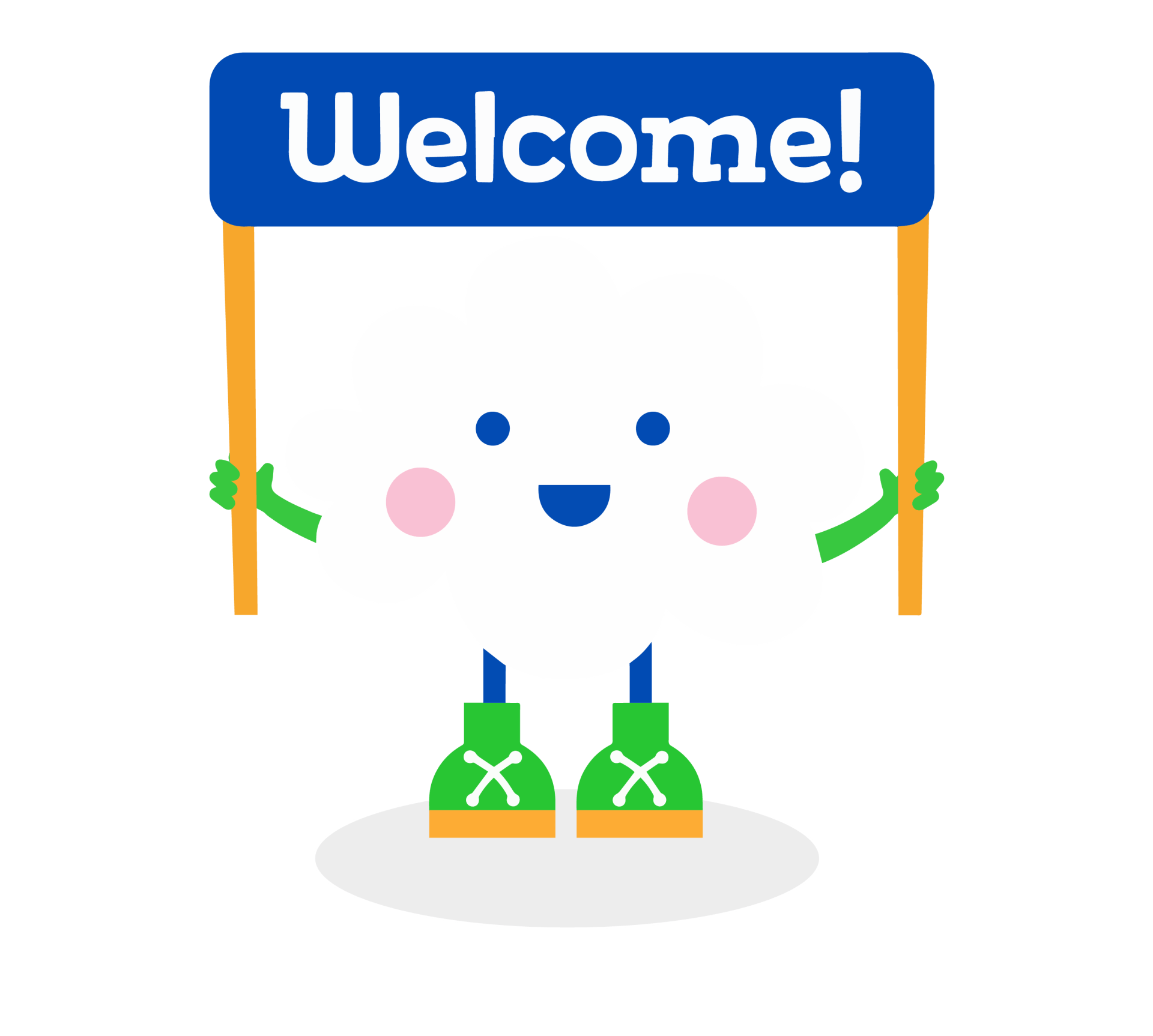 A cartoon character is holding a welcome sign.