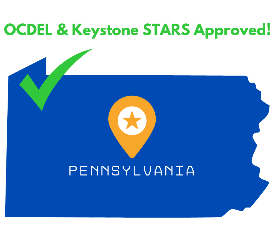 A blue map of pennsylvania with a green check mark and an orange star.
