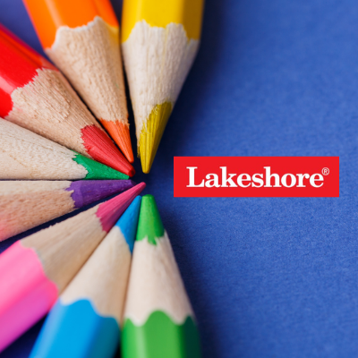 Colored pencils arranged in a circle, with the Lakeshore logo on a blue background.
