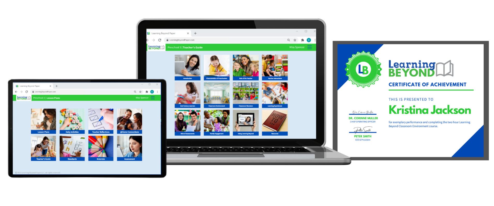 A laptop, tablet, and certificate display a website and achievement. The website showcases various images, while the certificate, for Kristina Jackson, reads