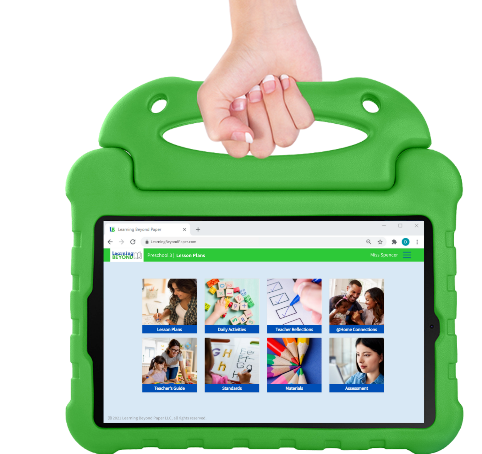 Tablet in a Green Case with Learning Beyond Curriculum on the screen