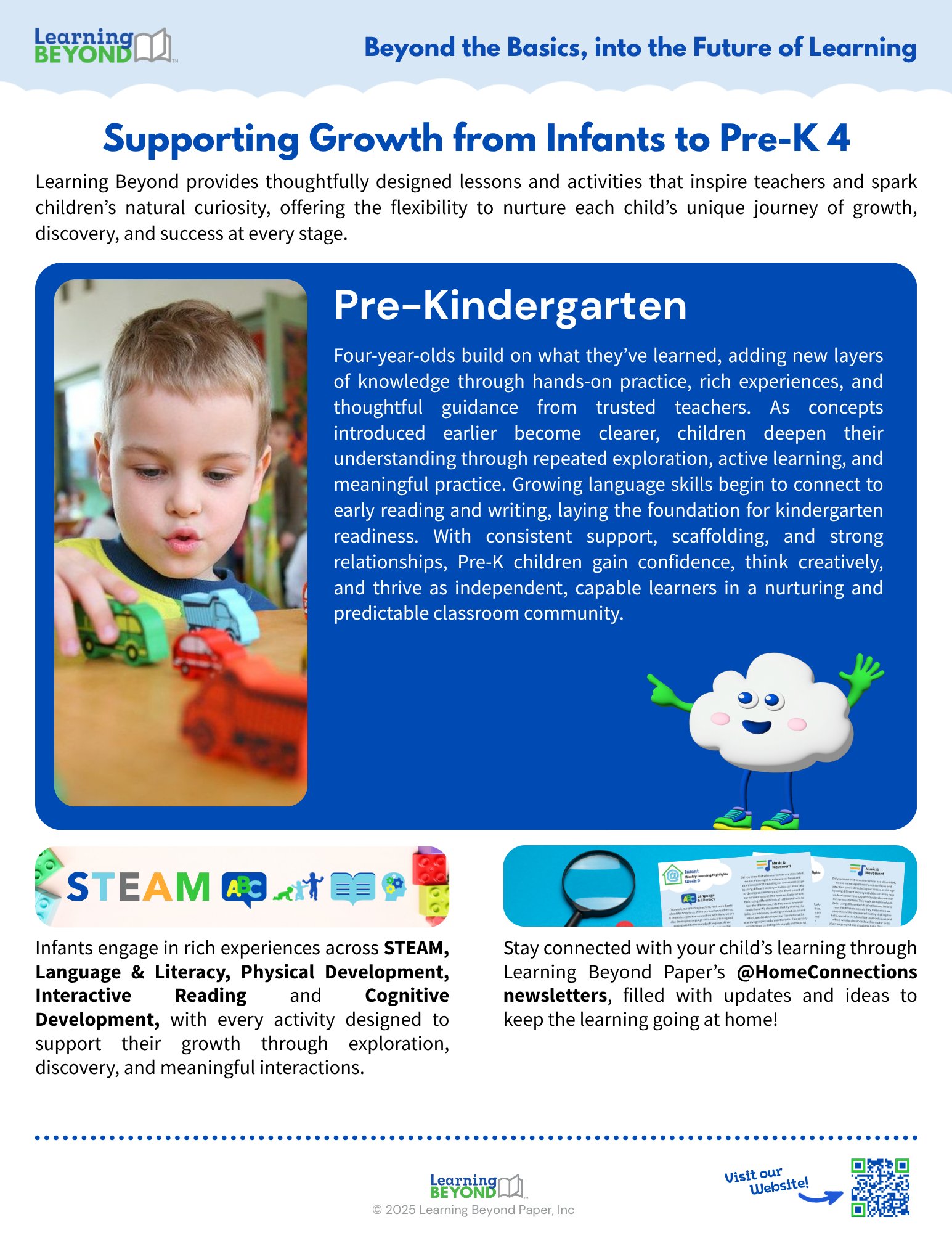 A child playing with toy cars, promoting pre-kindergarten learning. Includes STEAM and learning environment information.