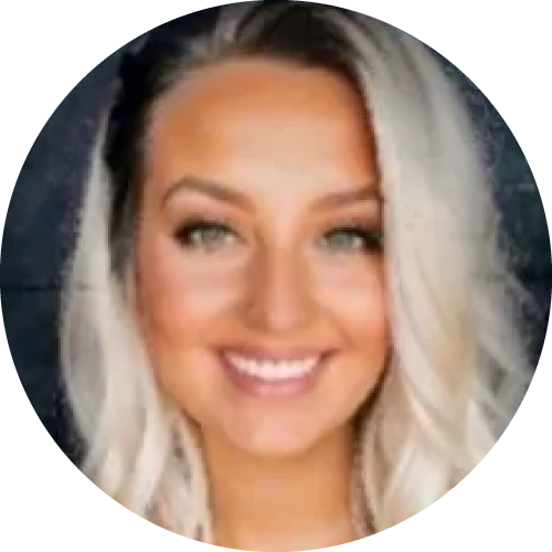 A woman with blonde hair is smiling in a circle.