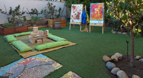 A backyard art and play area with easels, a sand play space, garden beds, and a mosaic rug.