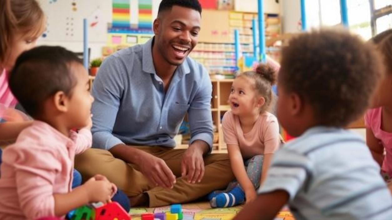 Male teacher smiles, sitting with children on a classroom floor, playing with toys.
